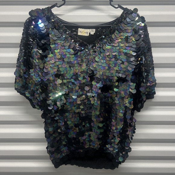 Oleg Cassini Womens Sequin Top M Silk Black Iridescent VTG V-Neck Party Blouse — photo 2